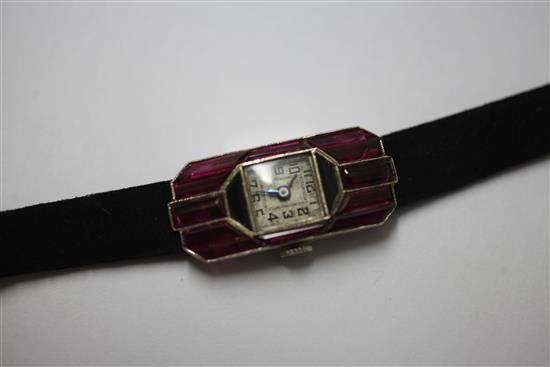 A ladys 1930s Art Deco continental 18ct white gold and synthetic ruby set cocktail watch,